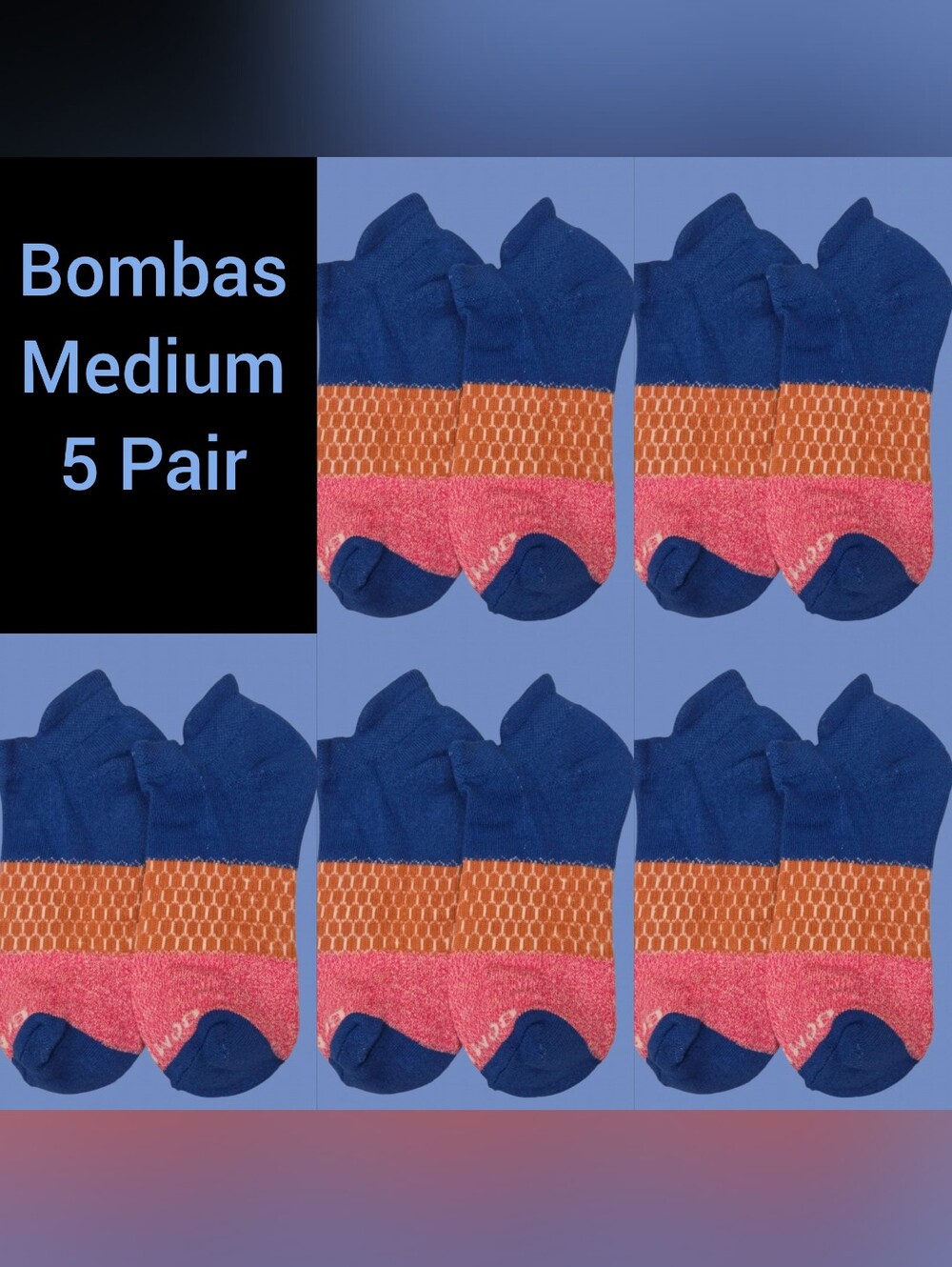 Bombas Medium Ankle Socks Blue Red 5 Pair BNWT Unisex Honeycomb Arch Support B